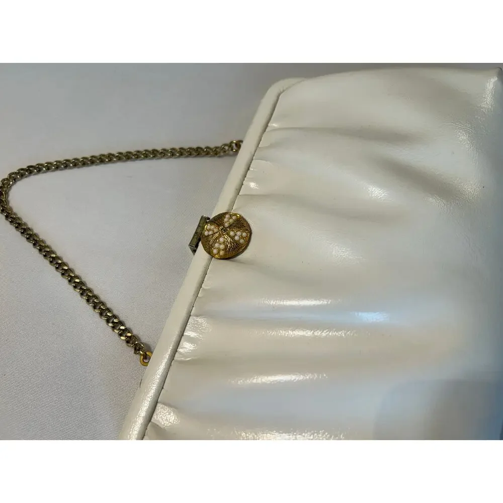 Vintage 60s/70s White Leather Clutch With Gold Chain And Accents
